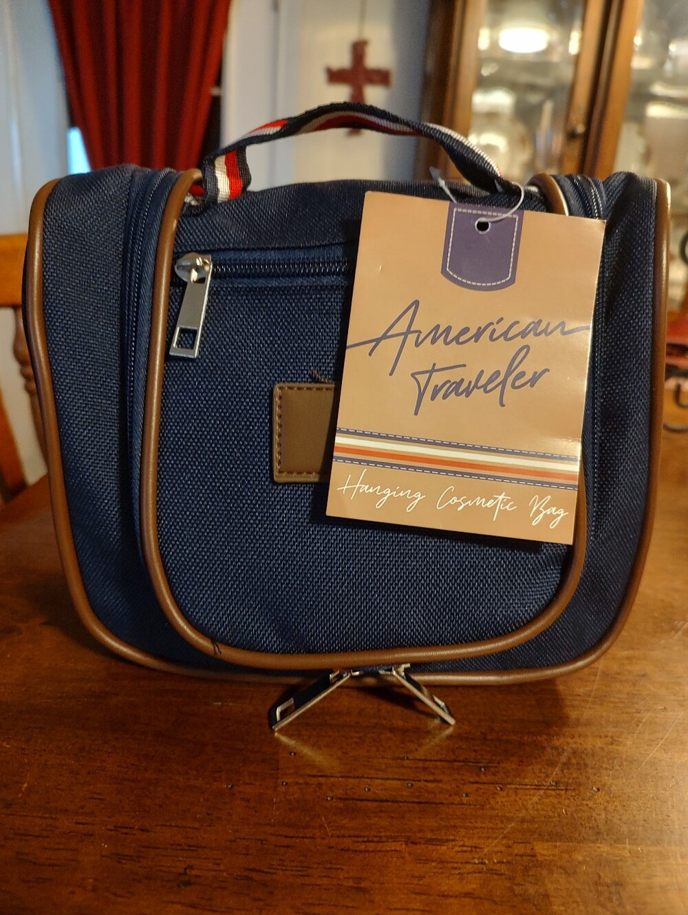Navy Hanging Toiletry Bag with Brown Trim
